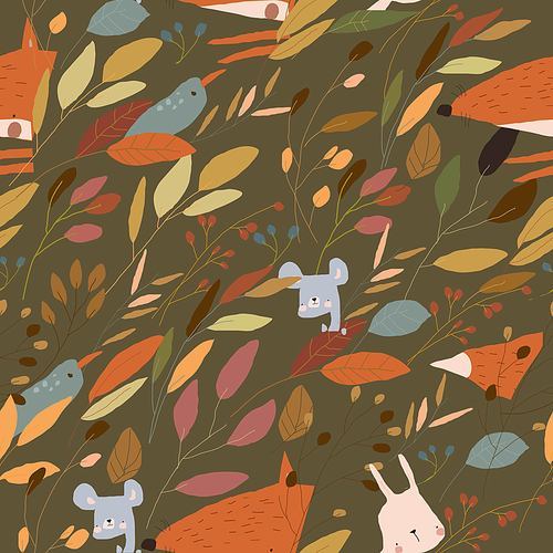 Vector Seamless Pattern with Animals in Autumn Colorful Plants