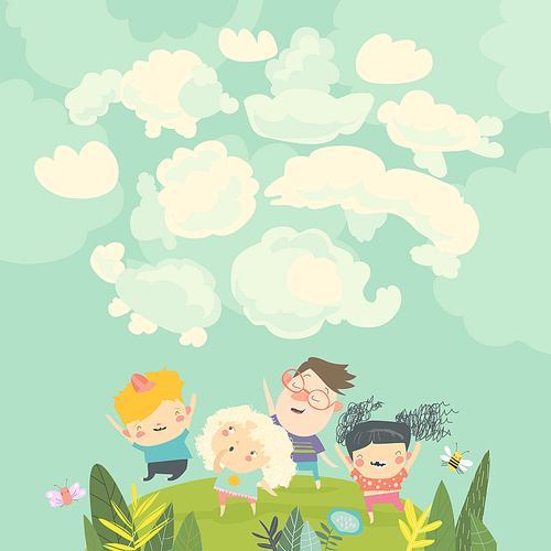 Cartoon happy kids watching clouds in the sky. Vector illustration