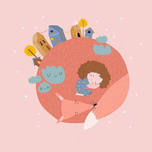 Cute cartoon girl sleep with fox. Best friends. Vector illustration