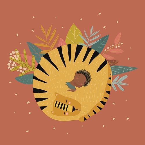 Cute boy sleeping with tiger among the stars. Vector illustration