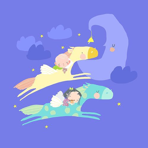 Cute sleeping Children flying on Horses in the Sky. Vector cartoon illustration.