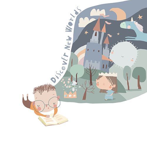 Cute Little Boy reading Book and dreaming. Vector Illustration