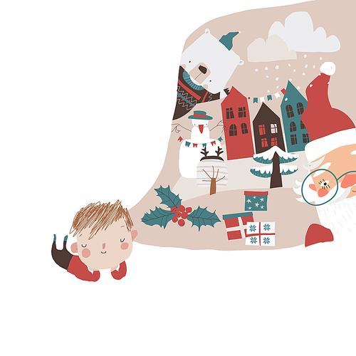 Cute Little Boy dreaming about Winter Holidays. Vector Illustration