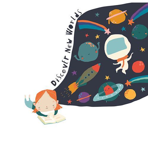 Cute Little Girl reading Book and dreaming about Space. Vector Illustration