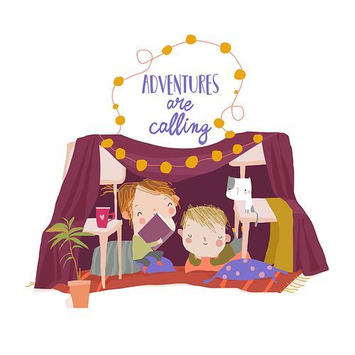 Cute Children sitting and reading a Book in a Homemade Teepee. Vector Illustration