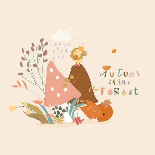 Cartoon Autumn Plants with Little Fox and Duckling. Vector illustration