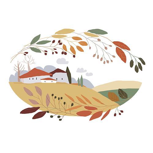 Cute Cartoon Landscape with Little Village and Colorful Wreath. Vector illustration