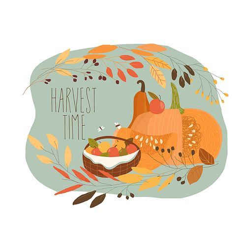 Still Life with Pumpkin and Autumn Fruits. Vector Illustration