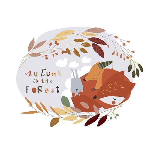 Cartoon Little Fox sleeping with Rabbit in Autumn Wreath. Vector illustration