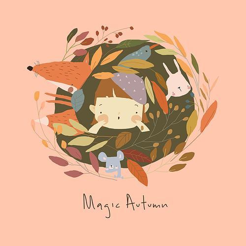 Cartoon Little Girl with Animals in Autumn Plants. Vector illustration