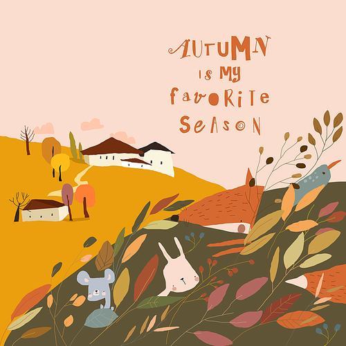 Cartoon Autumn Landscape with Little Village and Animals in Plants. Vector illustration