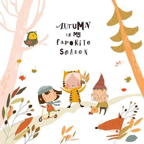Cute Cartoon Children having fun in Autumn Forest. Vector illustration