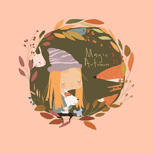 Cartoon Little Girl with Animals in Autumn Wreath. Vector illustration