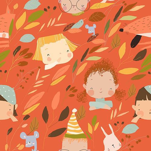 Vector Seamless Pattern with Kids Faces and Animals in Autumn Colorful Plants