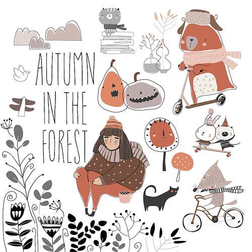 Set of cute animals with autumn elements. Hello autumn. Vector set