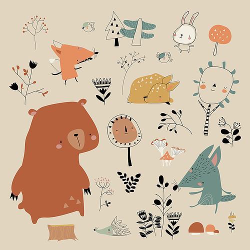 Vector set with cute animals in autumn forest
