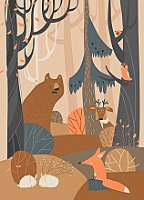 Cartoon cute animals in autumn colored forest. Vector illustration
