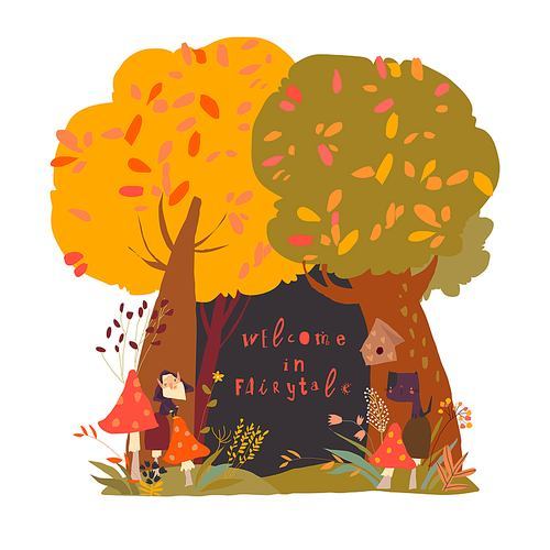 A beautiful woodland autumn scene with trees and grass and space in the centre. Vector illustration