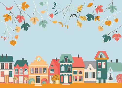 Cute Cartoon Little Town with Autumn Leaves Branches. Vector illustration