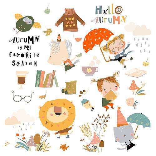 Fall set with cute animals and funny kids. Vector illustration
