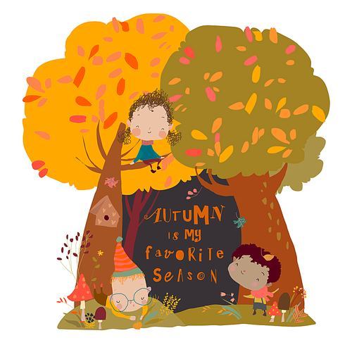 Cute Cartoon Children having fun in Autumn Forest. Vector illustration