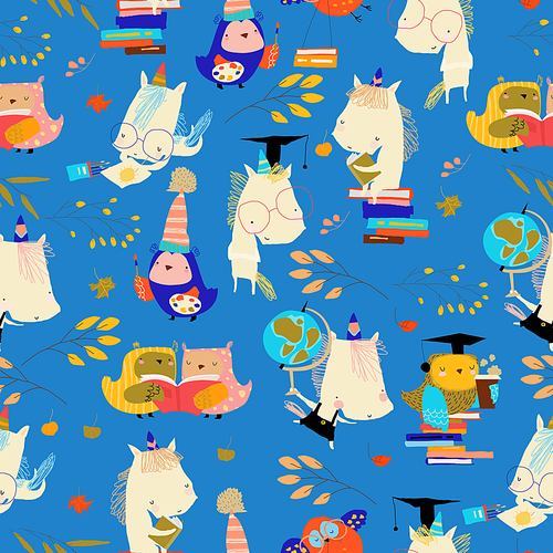 Vector Seamless Pattern with Funny Cartoon Owls with Unicorns preparing Back to School