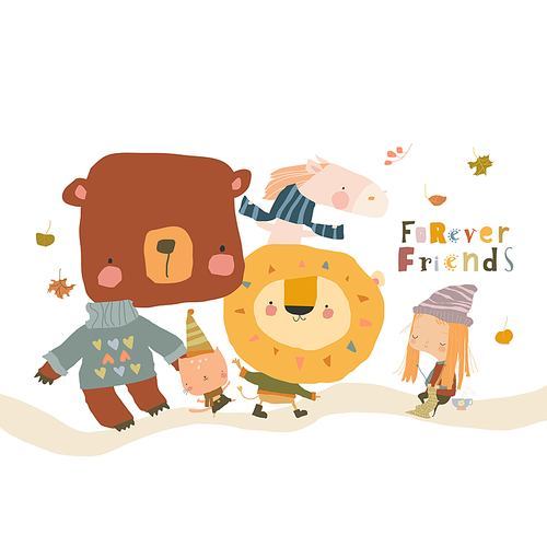 Cartoon Little Girl knitting for Her happy Friends animals. Vector Illustration