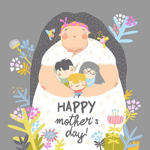 Cute mother holding her children in flowers. Mothers day holiday concept. Vector illustration