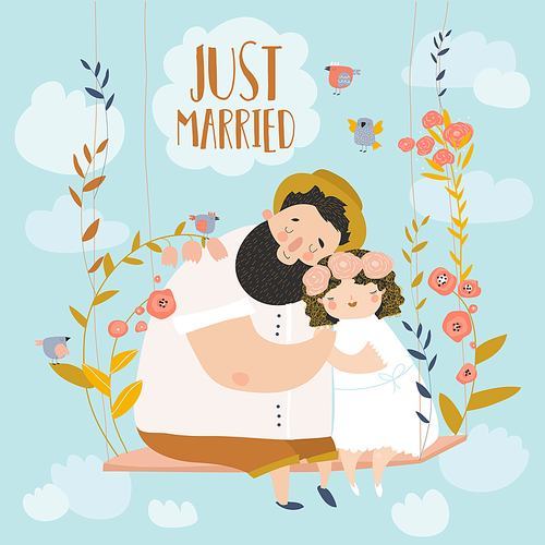Happy couple sits on swing in flowers. Just married. Vector illustration