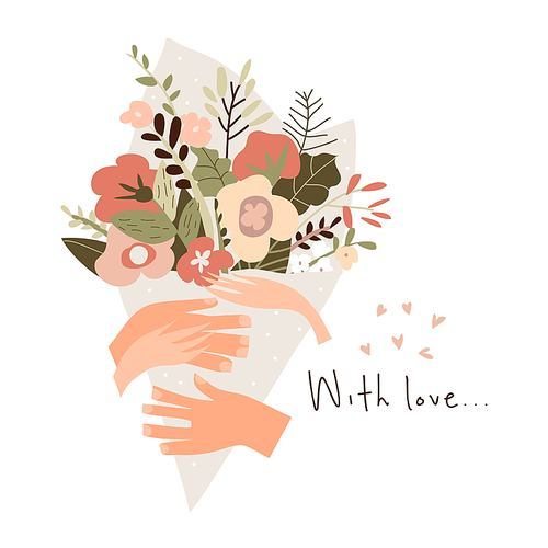 Hands of man and woman holding bouquet of flowers. Vector illustration