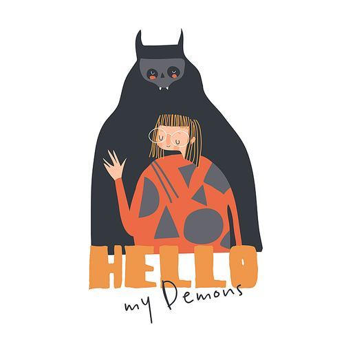 Funny cartoon girl with her demon. Vector illustration.