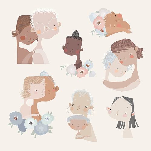 Vector Set of Cute Illustrations for Mothers Day in Cartoon Style