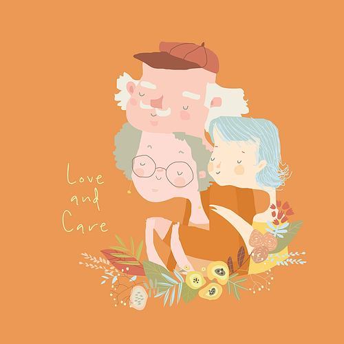 Cute Cartoon Illustration with Grandparents and Their Granddaughter. Vector Illustration