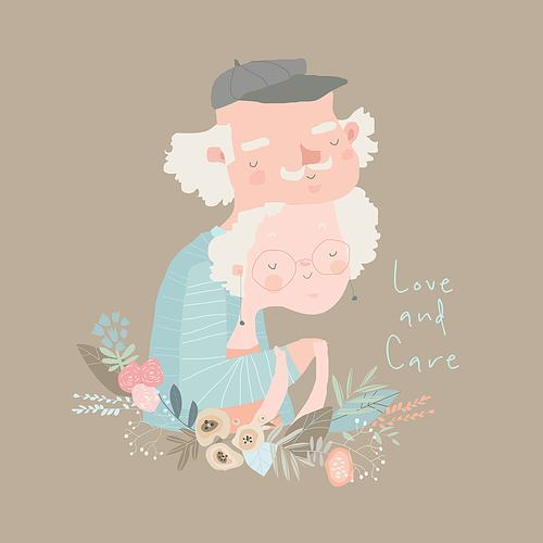 Cute Cartoon Illustration with Grandparents in Love. Vector Illustration