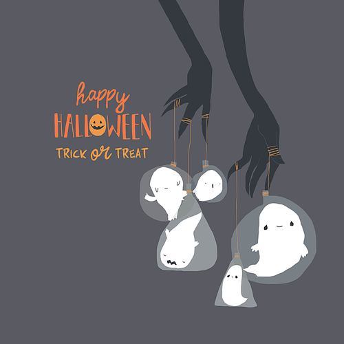 Hands wearing Black Gloves holdings Vials with Little Ghosts. Vector Illustration