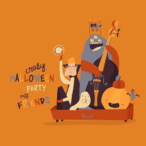 Crazy Music Party with Band of Cartoon Halloween Characters. Vector illustration