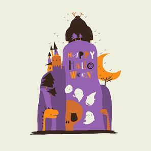 Vector Halloween Illustration with Spooky Rock with Monsters