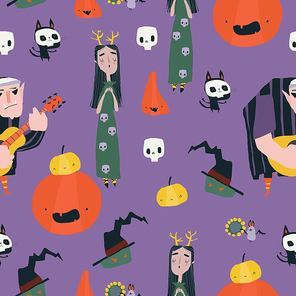 Vector Seamless Pattern with Crazy Music Party with Band of Cartoon Halloween Characters