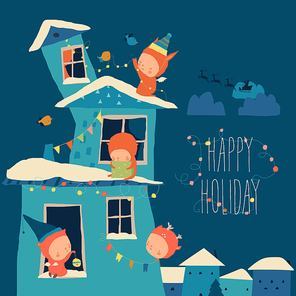 Cartoon Little Angels celebrating Winter Holidays. Merry Christmas. Vector Illustration