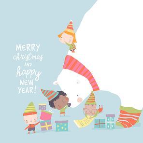 Little Helpers preparing for Winter Holidays with Big Polar Bear. Vector Illustration