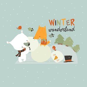 Cute Cartoon Bear making Snowman with Little Fox. Vector Illustration