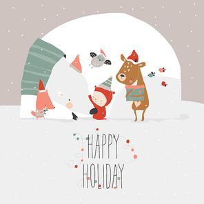 Cute Cartoon Little Angel celebrating Holiday with Friends. Vector Illustration