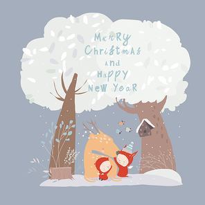 Cute Cartoon Little Angels hugging Reindeer in Winter Forest. Vector Illustration