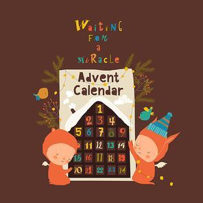 Cartoon Little Angels with Advent Calendar and Garland. Vector Illustration