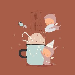 Cute Little Angels Making Magic Christmas Coffee. Vector Illustration