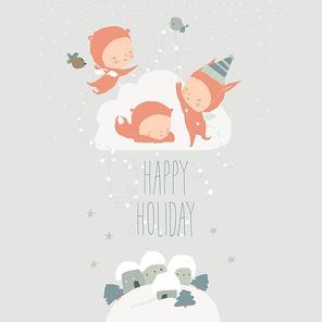 Cartoon Little Angels celebrating Winter Holidays. Merry Christmas. Vector Illustration