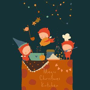 Cute Cartoon Little Angels cooking Christmas Treat. Vector Illustration