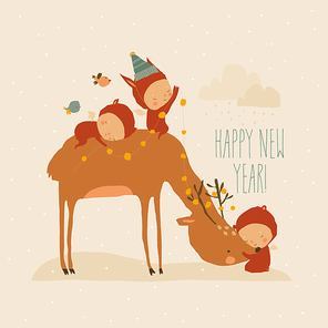 Cartoon Little Angels celebrating Holiday with Cute Deer. Vector Illustration