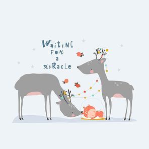 Cartoon Cute Reindeers with Sleeping Angel. Merry Christmas. Vector Illustration