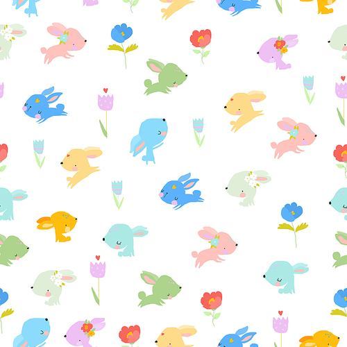 Vector Seamless Pattern with Colorful Rabbits on White Background